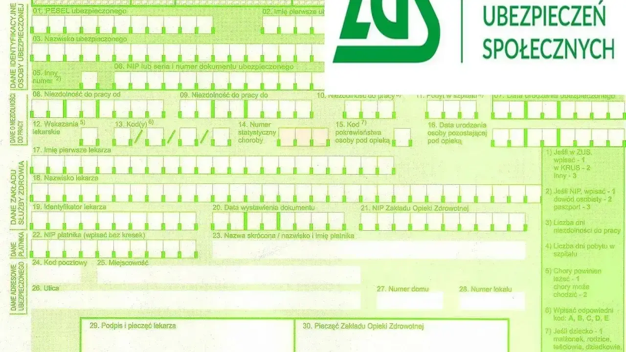 Formularz ZUS ZLA do wypełnienia, zawiera pola na dane ubezpieczonego, lekarza i pracodawcy, służy do zgłaszania niezdolności do pracy, czyli ile dni zwolnienia lekarskiego w roku.