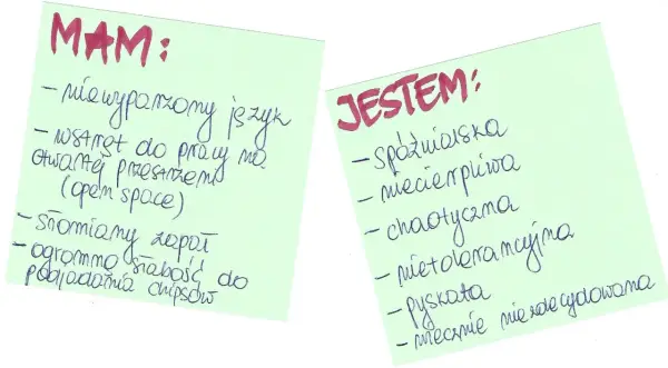 Słabe strony przykłady: mam niewyparzony język, wstydzę się pracy w open space, jestem spóźnialska, chaotyczna, niezdecydowana.
