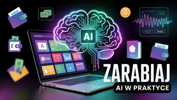 AI napędza najskuteczniejsze zarabianie w internecie. Grafika przedstawia mózg AI, laptop z aplikacjami, portfele i symbol dolara.