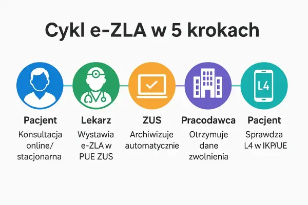 Cykl e-ZLA: Pacjent konsultuje się, lekarz wystawia e-ZLA, ZUS archiwizuje, pracodawca otrzymuje dane zwolnienia, a pacjent sprawdza L4.